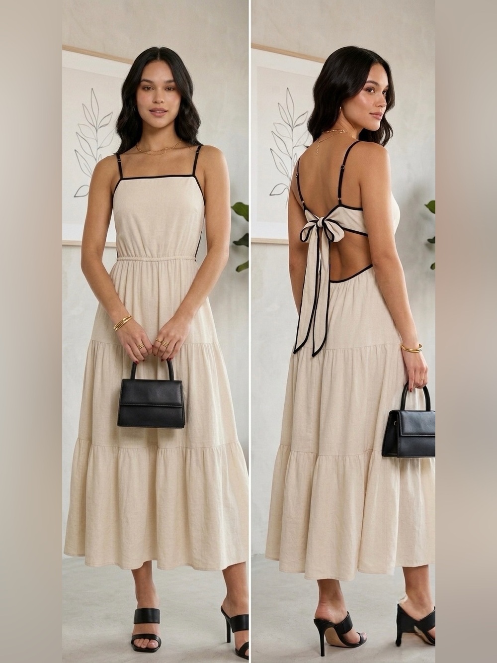 Blu Pepper Hazel Khaki Midi Dress NWT Boho Tiered Open Back Tie Cream Large
